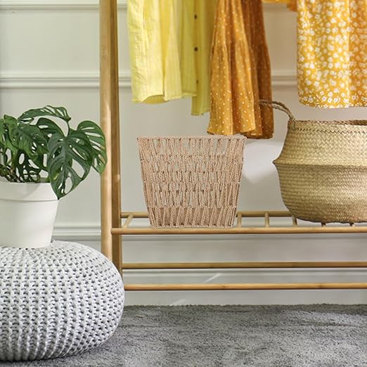 ARTIBETTER Woven Waste Basket Handcrafted Trash Can with Hollow Design 13.5 Inch Light Brown Woven Wastepaper Bin for Home Bathroom Kitchen Storage and Organization