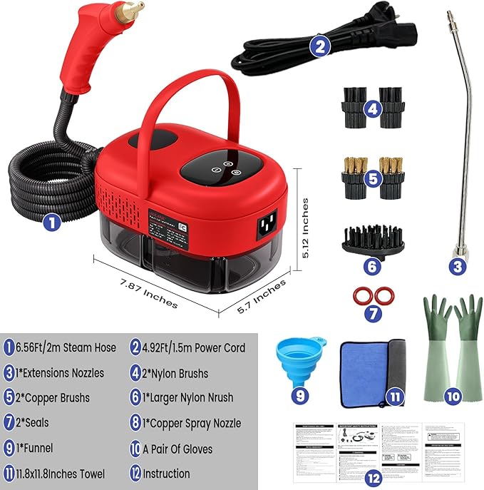 2500W Handheld Steam CleanerPortable Car Steamer For Auto DetailingHigh-Temperature and Pressure Steam Cleaner For Home Steam Cleaning Machine for FurnitureKitchenGroutFloorTile (5-Red)