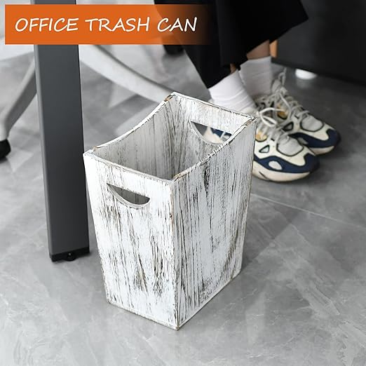 Rustic Wooden Trash Can Set 2-Pack Small and Large Wastebasket with Handle Farmhouse Style (Farmhouse White)