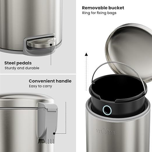 mVm Trash Can Set 3.2 Gallon(12L)+0.8 Gallon(3L) Kitchen Bathroom Trash Cans Combo Step Round Brushed Stainless Steel Garbage Can with Lid Anti-FingerprintSoft-Closefor Home Office(Silver)