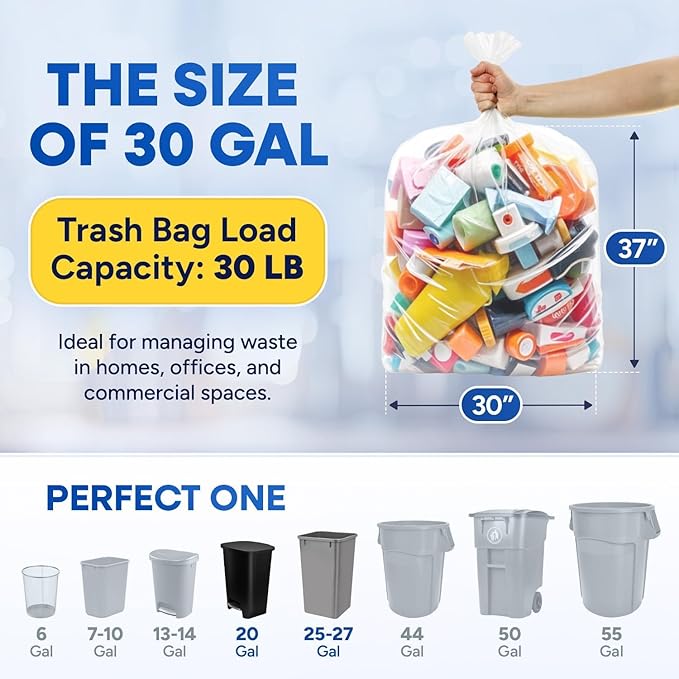 Plexon 20-30 Gallon Trash Bags Clear High-Density Garbage Bags (30 x 37) 8 Micron Heavy Duty 500 Count