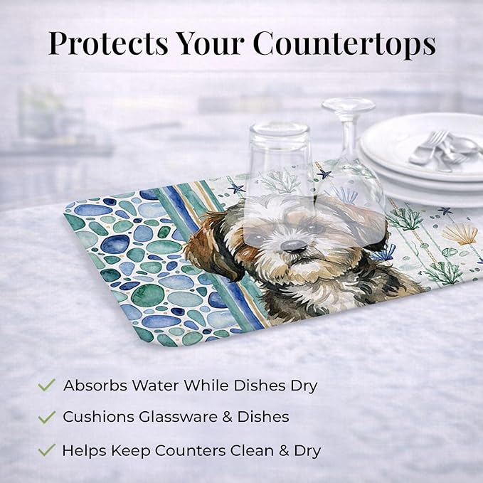 Caroline's Treasures Brindle Shih Tzu Coastal Sea Glass Dish Drying Mat Absorbent Dish Drying Mat Pad for Kitchen Counter Dish Drainer Mat for Countertop 14 x 21 Multicolor