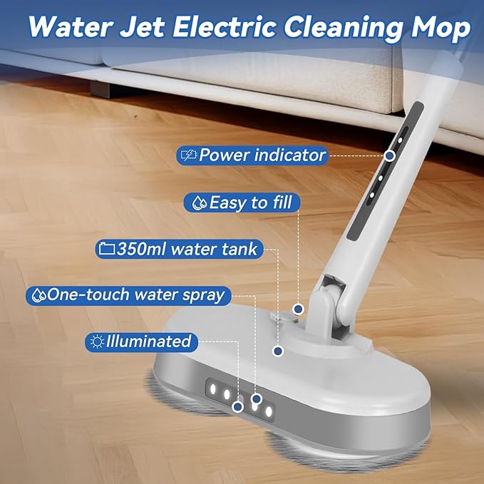 Cordless Electric Mop Electric Spin Mop with LED Headlight and Water Spray60 Mins Spin Power Scrubber Mops for Floor Cleaning2000mAh Battery350ml Water TankStanding StorageLight Weight