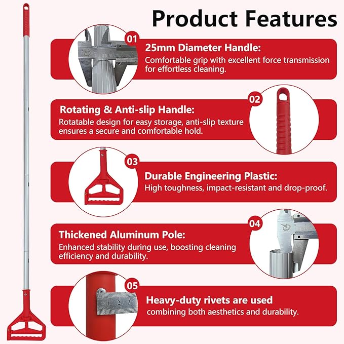 mop Holder Replacement mop Stick mop Handle Heavy-Duty Commercial Industrial mop Handle Suitable for Cotton and Fiber mop Heads with Threaded Clamping Device Aluminum Handle red mop Stick