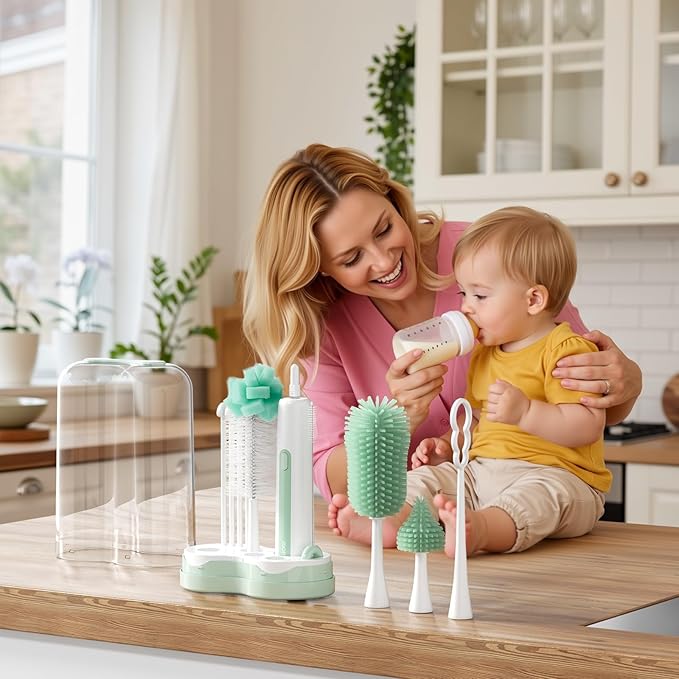 Momcozy 7 in 1 Electric Bottle Brush Kit Portable Cleaning Set with Formula Mixer Silicone Brush Nipple Brush Straw Brush Soap Dispenser Drying Rack - Long Battery Life for Home &amp Travel