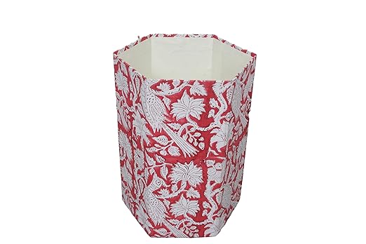 Handmade Cotton Paper Waste Basket Stylish Trash Can for Home or Office (1 RED Bard)