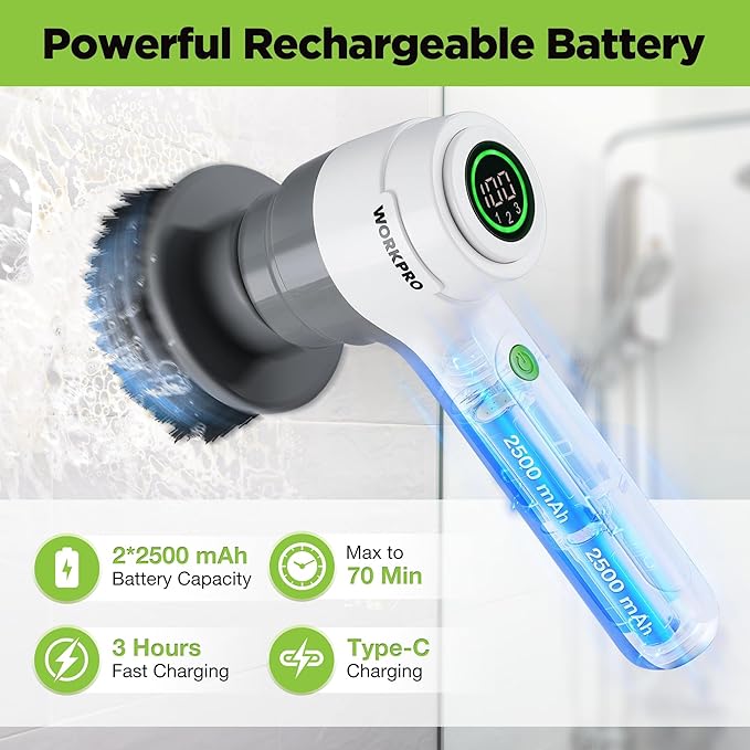 WORKPRO 8V Electric Spin Scrubber 3-Speed Adjustable Shower Scrubber with 6 Replaceable Brush Heads IPX6 Waterproof Electric Scrubber for Cleaning Bathroom Kitchen Sinks and Windows
