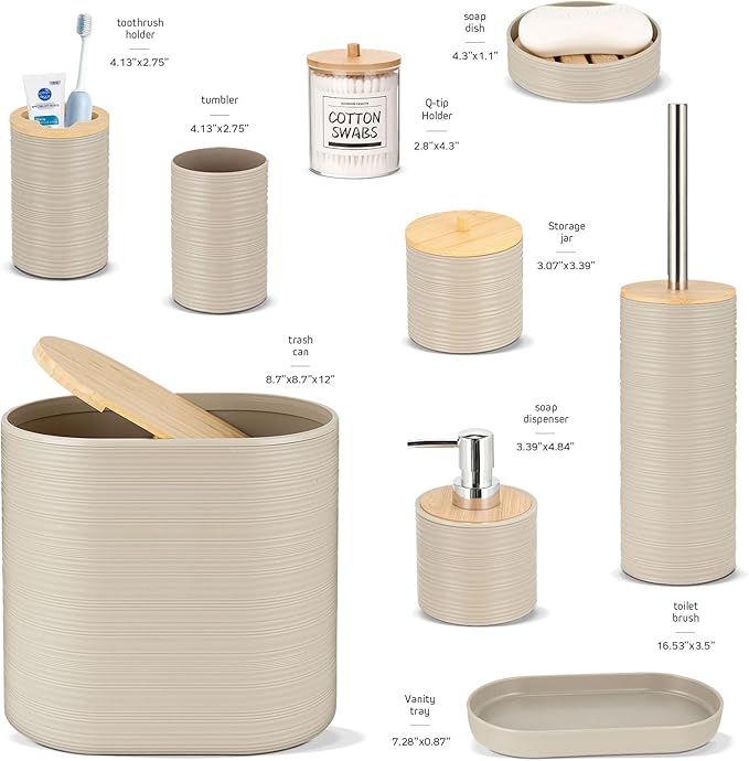 IMAVO Bathroom Accessory Set-11Pcs Beige Bathroom Accessories Set with Trash CanSoap DispenserSoap DishToothbrush HolderToothbrush CupToilet Brush HolderQtip Holder Dispenser with Labels