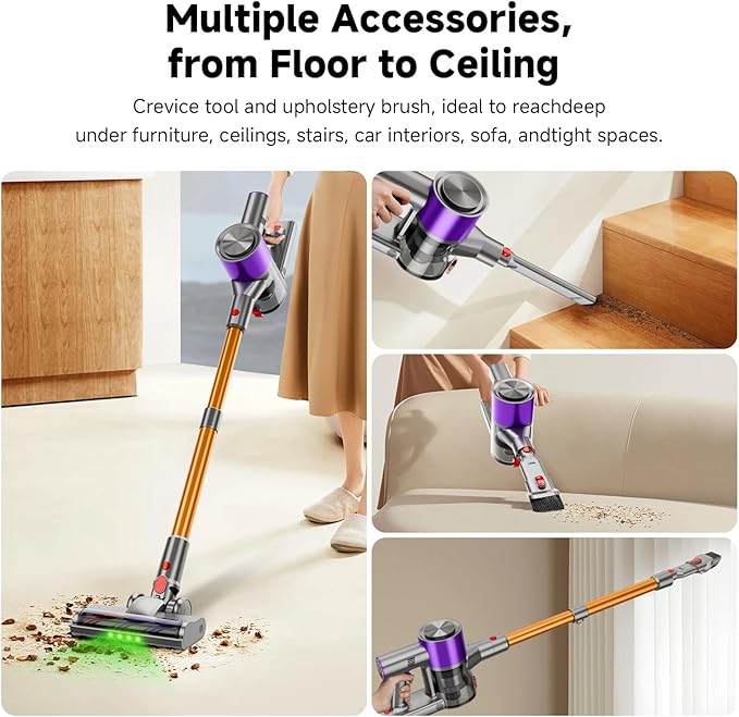 KIKETECH Cordless Vacuum Cleaner with Self-Standing Lightweight Powerful Suction VacuumLED Screen Stick Vacuum Cleaners for Home for Pet Hair Carpets Hardwood Floors (Light Yellow)