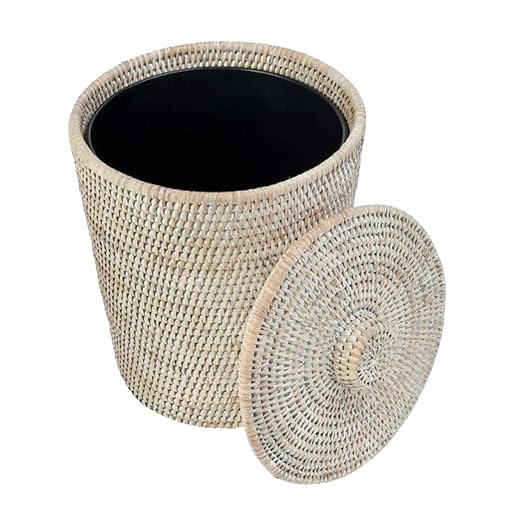 KOUBOO La Jolla Rattan Round Waste Basket With Lid &amp Plastic Insert 2 Gallon Woven Wastebasket for Bathroom Kitchen Office Living Room &amp Home Decor White Wash