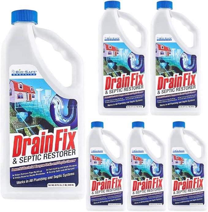 Drainfix &amp Septic Restorer 32 Oz Septic Tank Treatment | Drainfield Treatment | Septic Safe Drain Cleaner | Enzyme Drain Cleaner | Septic Cleaner | Exxon Valdez Patented - 6 Pack