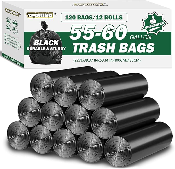 55-60 Gallon Black Trash Bags 120 Count - 40''x53'' Extra Large 50+ Gallon Garbage BagsUnscented Strong Huge Can Liners for Construction Industrial Yard Outdoor Commercial