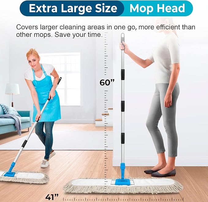 41” Commercial Dust Mop for Floor Cleaning Industrial Dry Mop with Heavy Duty Long Handle Large Cotton Reusable mop Head for Cleaning Office Garage Hardwood Warehouse Factory Mall