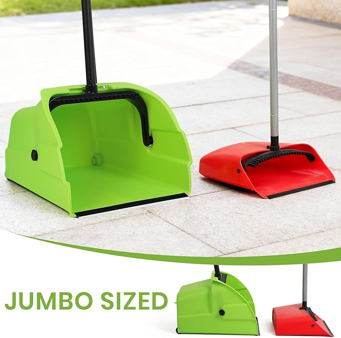 (3PK) Jumbo Commercial Broom and Dustpan Set with Large Standing Scoop Dustpan and Heavy Duty Broom Long Handle for Indoor/Outdoor Floor Cleaning Janitor Supplies