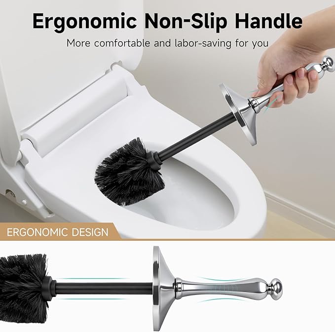 Silver Toilet Brush and HolderExtra Long Handled Toilet Brush for BathroomStainless Steel Heavy Duty Toilet Bowl BrushDeep Cleaning Modern Toilet Cleaner Brush -Space Saving Covered Brush