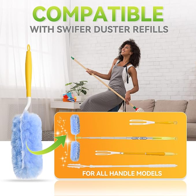 50 Pack 360° Dusters Refills Compatible with Swiffer Duster Handles Models Heavy Duty Double Sided Duster Refills with 1 Pack Extendable Longe Handle &amp 1 Short Handle
