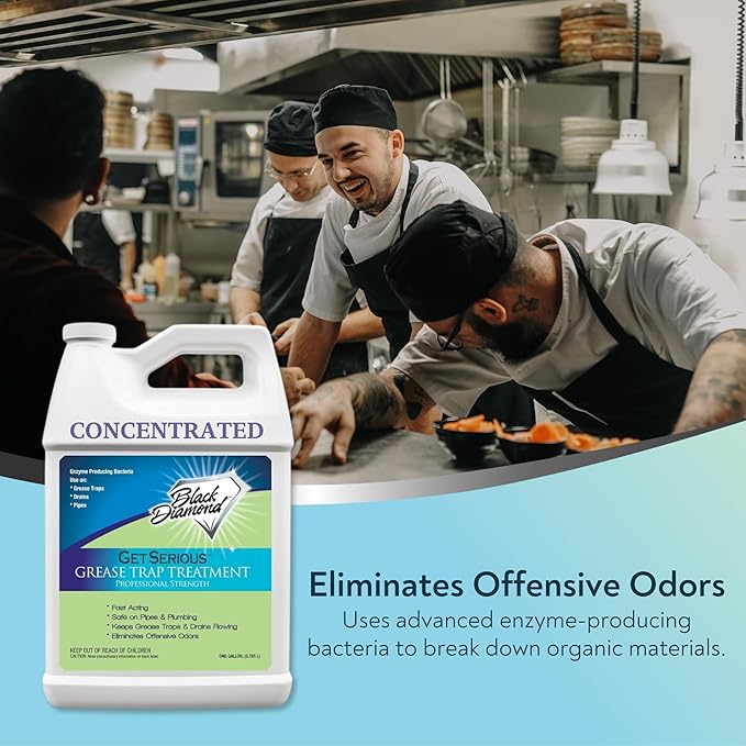 Black Diamond Stoneworks GET SERIOUS Grease Trap Treatment. Commercial Enzyme Drain Opener Odor Control Enzyme for Grease Trap Cleaner and Maintenance. Eliminates Build-Up Odor and drain grease.