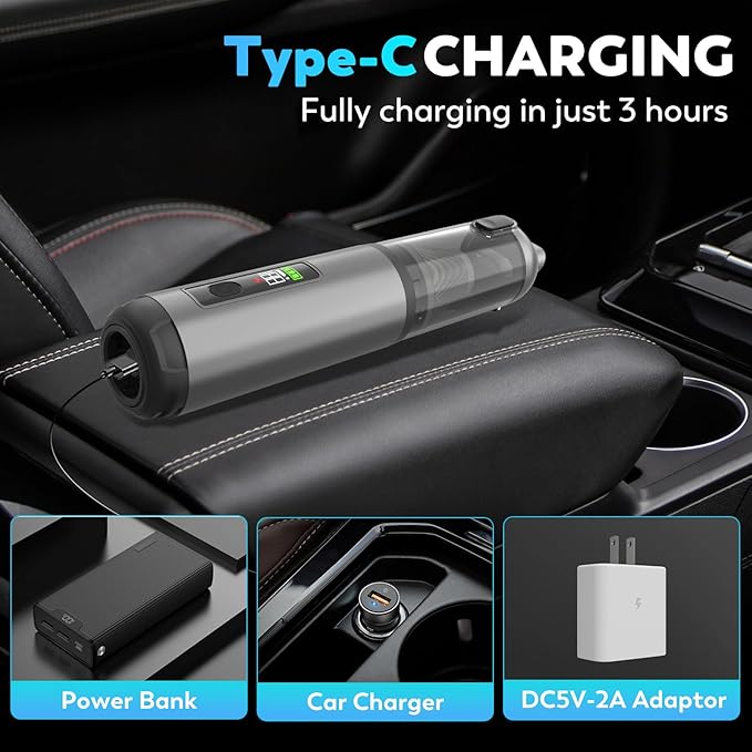 Cordless Car Vacuum Cleaner 22000Pa High Power Handheld Vacuum &amp Air Duster 4-in-1 Mini Portable Vacuum with LED Display 3 Modes USB-C Rechargeable for Car Home Pet Hair Camping