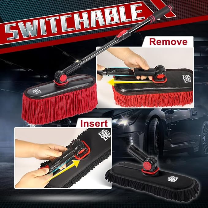 2In1 Brush And Duster For Car ExteriorChenille Car Wash Brush Mop*1PCWax Cotton Car Duster Mop*1PC Remove DustFreely Switch A Retractable Black Steel PoleCar Cleaning Supplies For Truck Rv Boat
