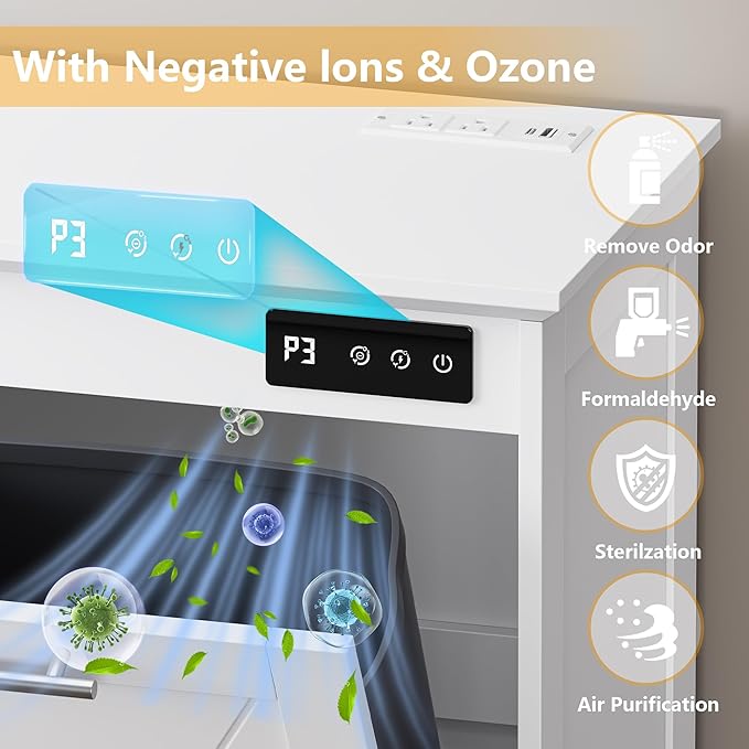 Tilt Out Trash Can Cabinet for 2 Bins Hidden Recycle Garbage Bin Enclosure Wooden Double Laundry Cabinet with Odor Control Negative Ion &amp Ozone for Kitchen Bathroom Laundry Room