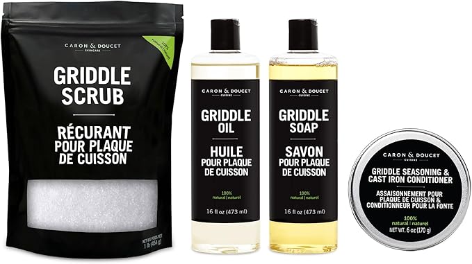 CARON &amp DOUCET – Ultimate Griddle Set | Seasoning Oil Soap &amp Salt Scrub | 100% Plant-Based &amp Best to Season Clean Care Restore Maintain &amp Protect