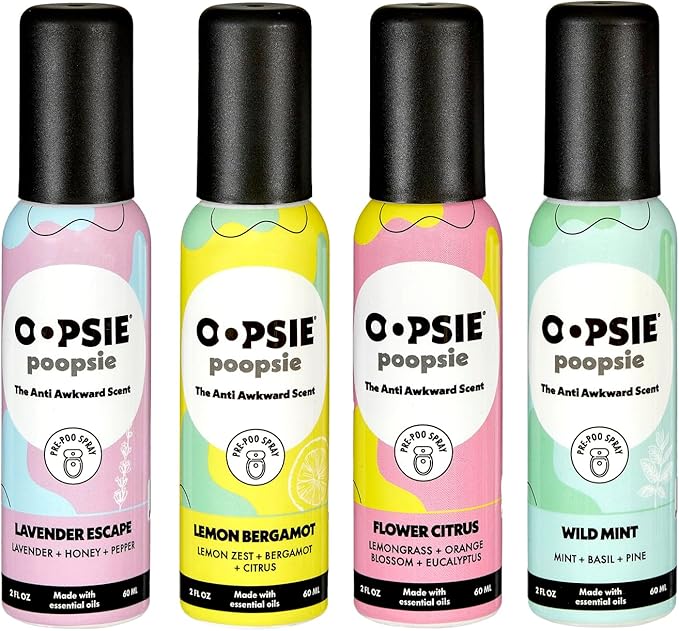 Oopsie Poopsie Toilet Spray Travel Essentials Each Up to 300 Uses On-The-Go Bathroom Odor Deodorizer with Essential Oils TSA Approved Size Asorted Scents 4 Pack 2 Fl Oz