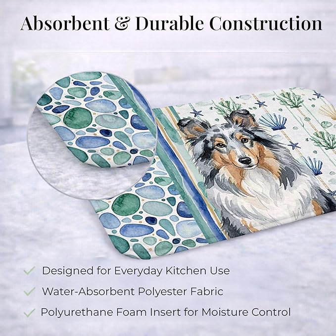 Caroline's Treasures Blue Merle Sheltie Coastal Sea Glass Dish Drying Mat Absorbent Dish Drying Mat Pad for Kitchen Counter Dish Drainer Mat for Countertop 14 x 21 Multicolor
