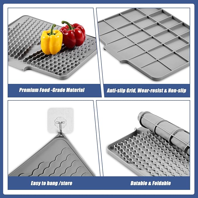 Silicone Dish Drying Mat for Kitchen Counter Heat-resistant Dish Dryer Mat with Built-in Drain Lip Drain Pad Protects Surfaces Prevents Water Build UP
