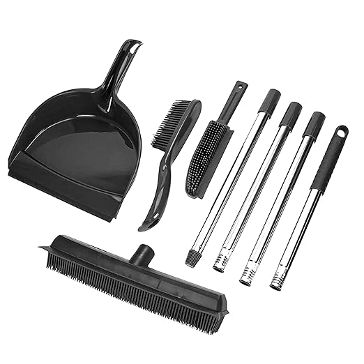 OVENTE Carpet Rake Rubber Broom for Pet Hair Removal with Squeegee Detailing Lint Fur Remover Brush Dustpan and 50” Handle Cleaning Tools Set for Rug Hardwood Floor Tile and Window Grey CT2504GY