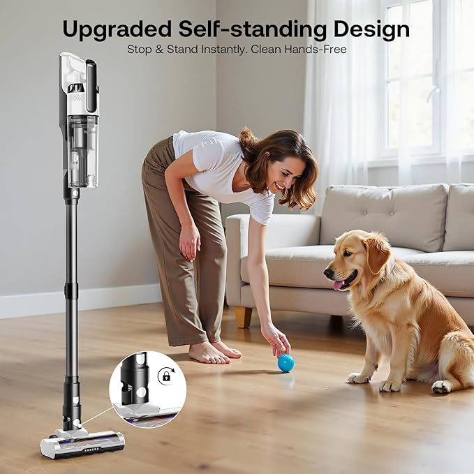Trucozie Cordless Vacuum Cleaner Self-Standing Lightweight Stick Vacuum with 50 mins Runtime Powerful Suction Anti-Tangle Wireless Vacuum for Home Hardwood Floor Carpet Pet Hair White
