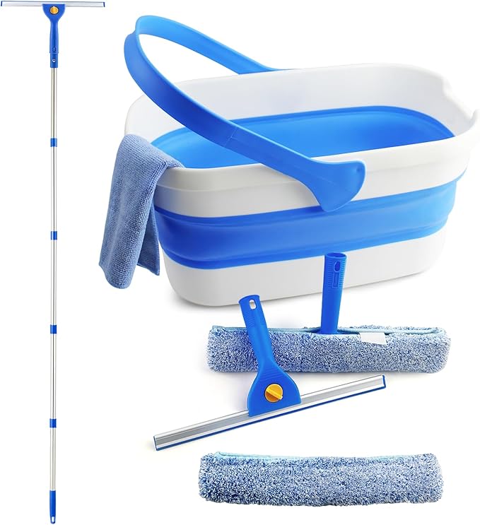 Window Cleaning Kit with Collapsible Bucket 3 Gallon 14 Window Squeegee and 15 Scrubber with 61 Long Handle Professional Window Washing Kit Cleaner Tool for Home Outdoor Office Commercial Use