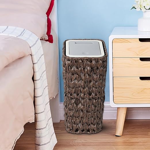 Bathroom Small Trash Can with Lid2.6 Gallon Small Garbage Can with Rattan Basket Slim Wicker Wastebasket Trash Can Press Top Lid for BathroomKitchenOfficeLiving RoomBedroom Brown