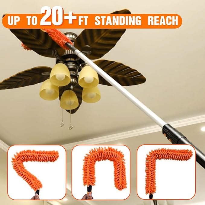 26FT High Reach Duster Cleaning Kit with Extension Pole High Ceiling Fan Cleaner Duster Tool for Fan Blades Window Washing Kit with Microfiber Feather Duster &amp Window Squeegee