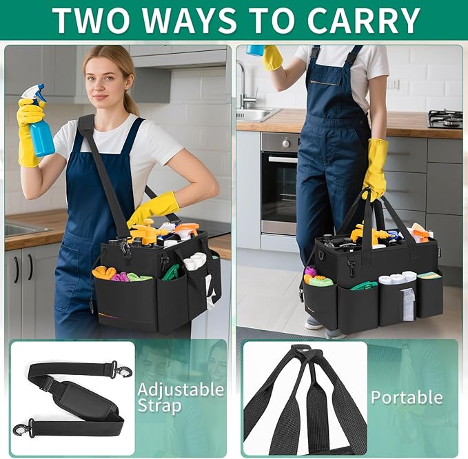 Wearable Cleaning Caddy Bag for Cleaning Supplies Large Capacity Cleaning Organizer Tote Bag Kitchen Cleaning Supplies Storage Bag for Cleaners Housekeepers (Black)