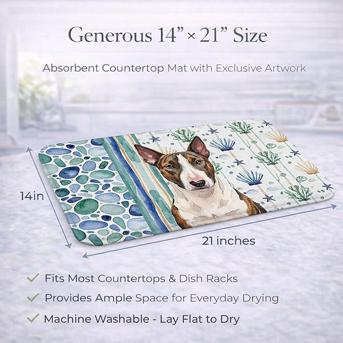 Caroline's Treasures Brindle and White Bull Terrier Coastal Sea Glass Dish Drying Mat Absorbent Dish Drying Mat Pad for Kitchen Counter Dish Drainer Mat for Countertop 14 x 21 Multicolor