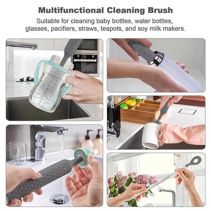 Electric Bottle Brush 4 Piece Bottle Brush Set with Baby Bottle Brush Cleaner Nipple Brush Pacifier Cleaner Straw Cleaner Brush Gifts for Newborns and Mothers Grey