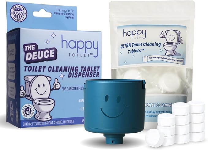 Happy Toilet Cleaner Deuce - Compatible with Kohler Toilets &amp Canister Flushing Systems - Automatic Toilet Bowl Cleaner Toilet Tablet Holder &amp 12-Pack Ultra-Strength Cleaner Tablets