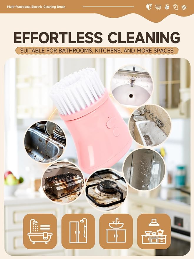 Electric Dish Washing Brush Small Handheld Power Scrubber Pink Cordless Cleaning Brushes kit Gift for Woman for Kitchen cleanup Dishes/Plates/Sink IP66 Waterproof Household Cleaning Supplies
