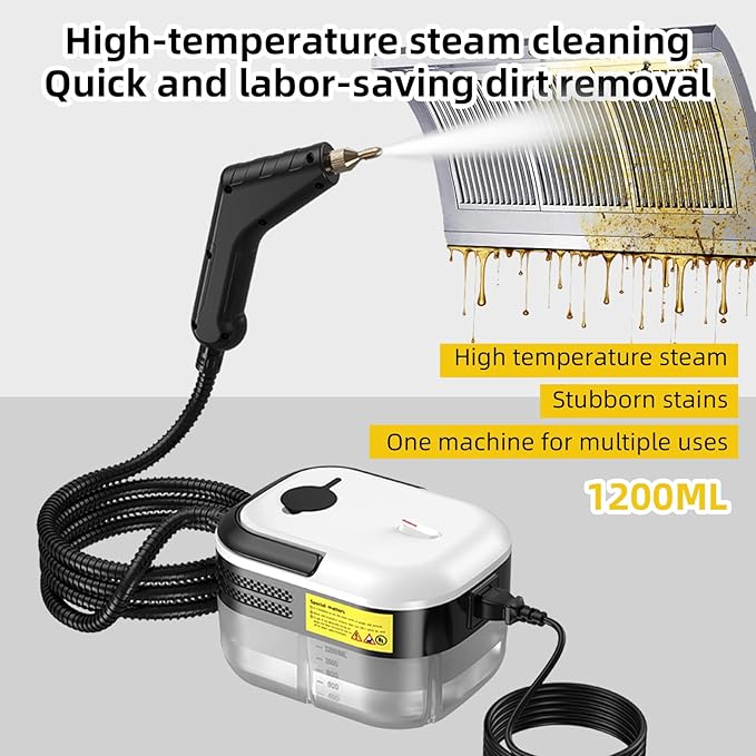 1200W Portable Handheld Steam Cleaner for Car Quick Heat 105℃ High Temperature Machine with 1200ml Water Tank 3 Brush Heads and 7 Accessories Portable for Home (US Plug)