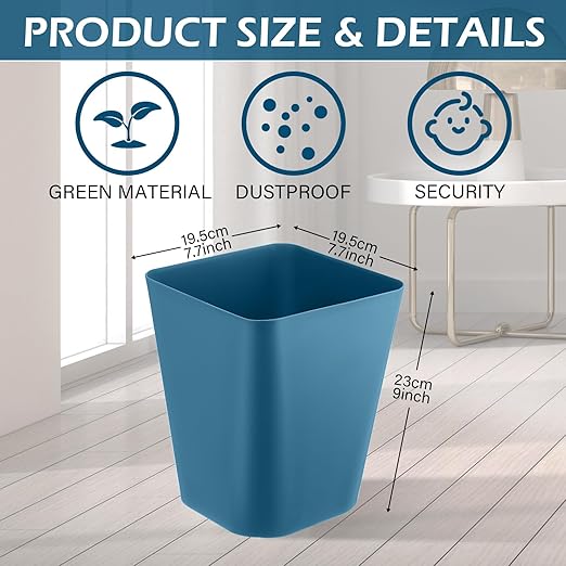 Hoolerry 9 Pieces Garbage Can 2 Gallon Small Trash Cans Bulk Bathroom Trash Bin Plastic Wastebasket Square for Bedroom Slim Bathroom Trashcan Small Container for Kitchen Office Home (Bluish Green)