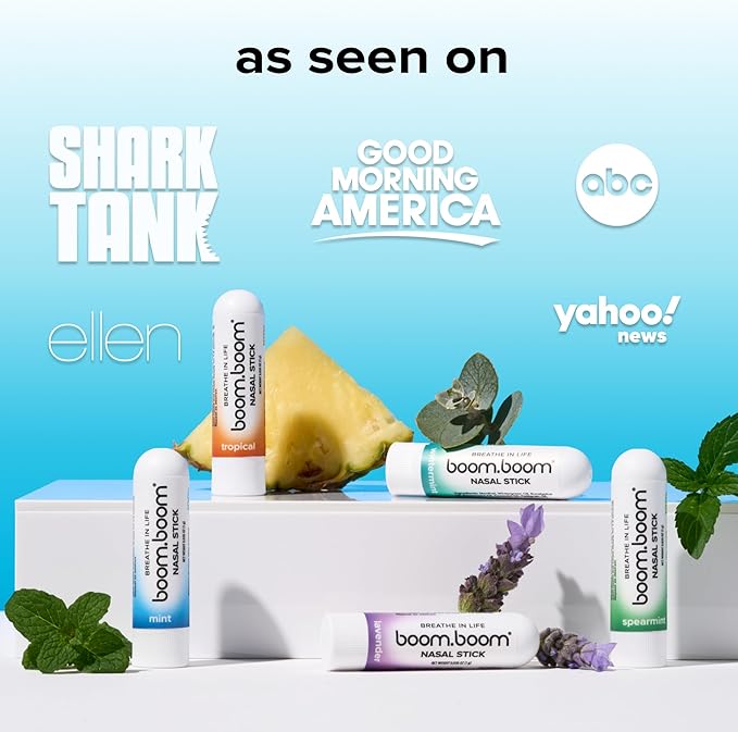 BoomBoom Nasal Stick | Vapor Flow Technology | Cool Refreshing Sensation | Natural Mood Boost | Simple Ingredients | Essential Oils + Menthol Inhaler (Mint Wintermint Tropical Spearmint)