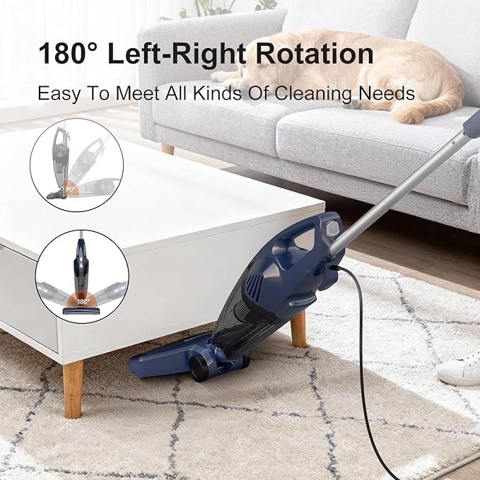 Corded Stick Vacuum for Pet Hair &amp Hard Floors - Lightweight 3-in-1 Handheld with 180°Left-Right Steering 14KPA Powerful Suction on Low-Pile Carpet HEPA Filter 16.4ft Cord 0.7L Capacity (VA00