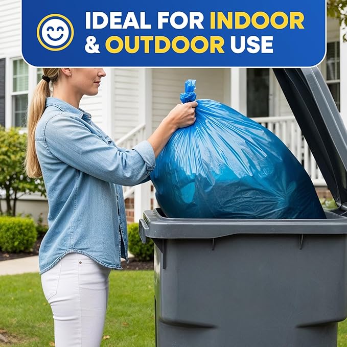 55-60 Gallon Trash Bags Heavy Duty 1.5 Mil Fits Rubbermaid Brute Rollout Round and Square 32-55 Gallon Trash Cans 43 x 47 Large Durable Garbage Trash Can Liners Blue Pack of 100