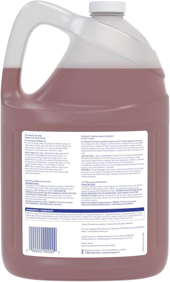 Spitfire Diversey SC 100870948 RTU Liquid Power All-Purpose Cleaner Heavy Duty Degreaser for Shops &amp Kitchens Pine Scent Ready-to-Use Refill 1-Gallon (Pack of 4)