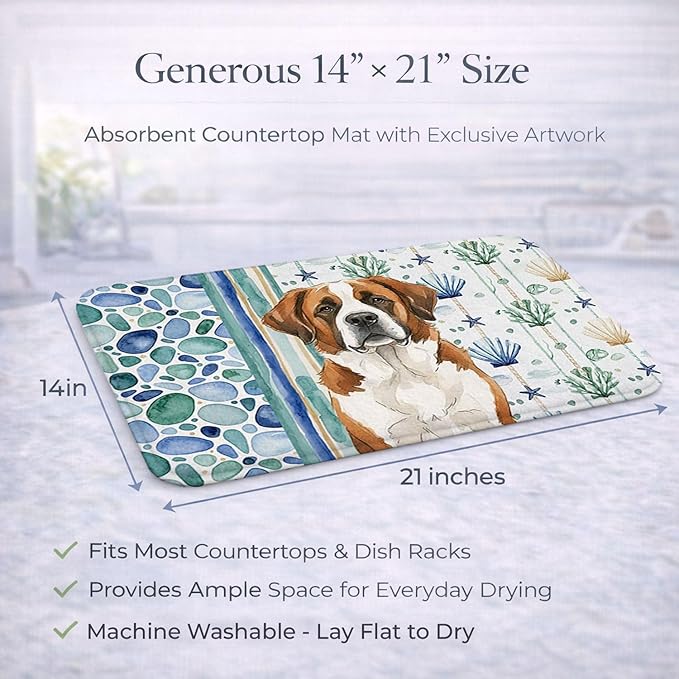 Caroline's Treasures Brown and White Saint Bernard Coastal Sea Glass Dish Drying Mat Absorbent Dish Drying Mat Pad for Kitchen Counter Dish Drainer Mat for Countertop 14 x 21 Multicolor