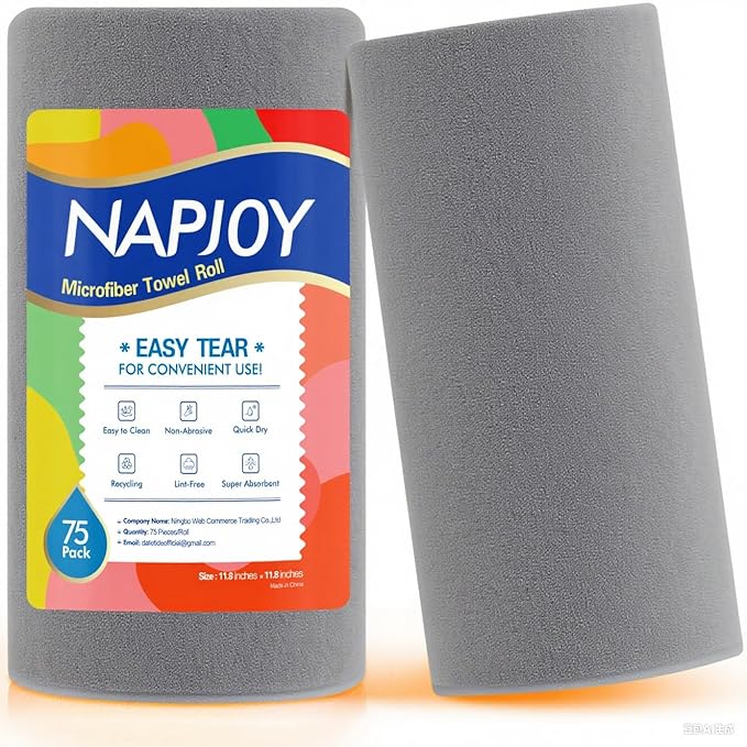 Napjoy Microfiber Cleaning Cloth Roll 75PK Easy Tear Away Reusable Paper Towels 12 x 12 Lint-Free and Scratch-Free with Patented Fiber Technology Microfiber Towel Roll Grey