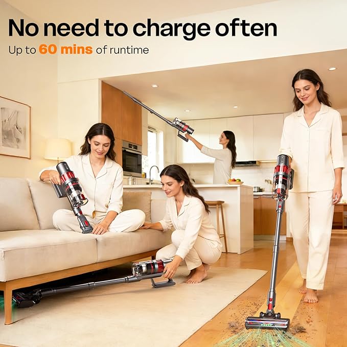 Cordless Vacuum Cleaner 600W/50KPA Stick Vacuum with Rechargeable Design Up to 60 Minutes Powerful Suction Lightweight Vacuum Cleaner for Home/Pet Hair/Carpet/Hard Floor Grey