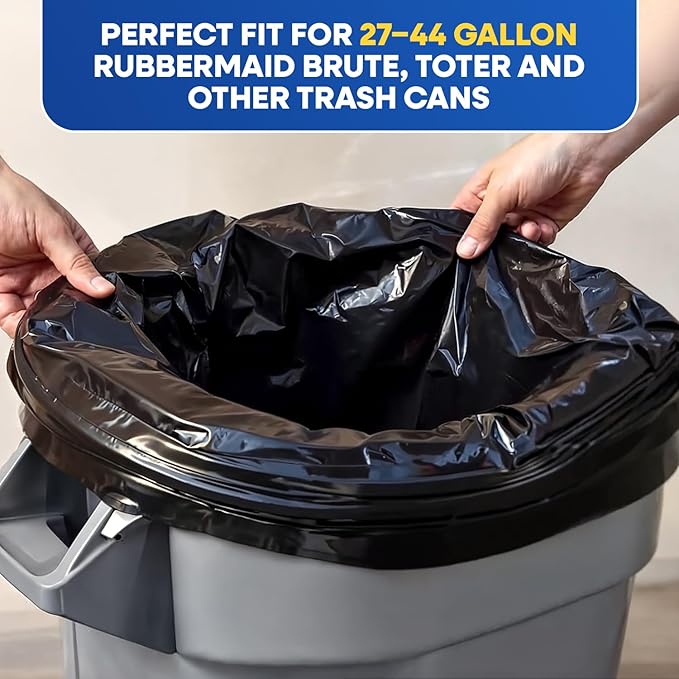 40-45 Gallon Trash Bags Heavy Duty 3 Mil Black Trash Bags Fit Rubbermaid Brute Rollout Round and Square 32-44 gal Trash Cans 40 x 46 Outdoor Garbage Bags Black Pack of 100