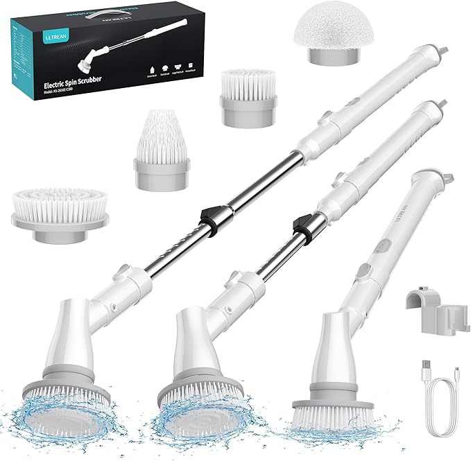 Ultrean Spin Brush Cordless Electric Spin Scrubber with 4 Replaceable Brush Heads Adjustable Extension Handle 2 Speed Shower Scrubber for Cleaning Bathroom Tile Floor Tub