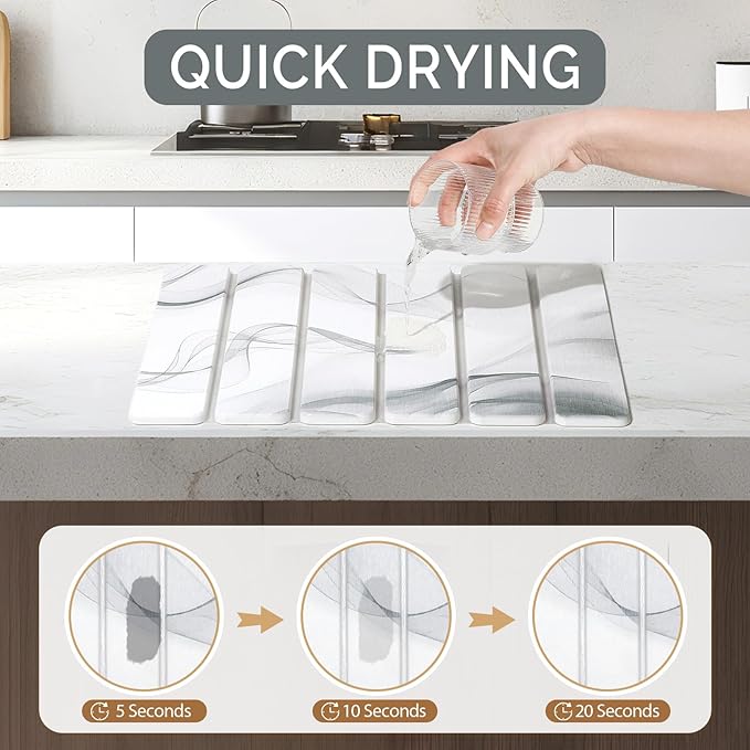 Small Stone Dish Drying Mat for Kitchen Counter 2 PCS 16×12 &amp 8x4 Quick Dry Stone Mats Foldable Water Absorbing Diatomaceous Earth Drying Dish Pad for Countertop Bottle Utensil Cup(White Gra